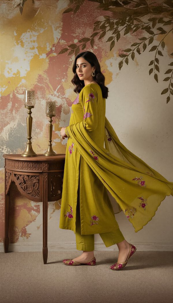 Olive Green Chanderi Silk Embroidered Kurta Set Dupatta