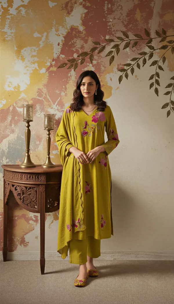 Olive Green Chanderi Silk Embroidered Kurta Set Dupatta