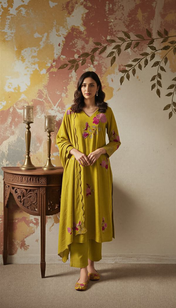 Olive Green Chanderi Silk Embroidered Kurta Set Dupatta