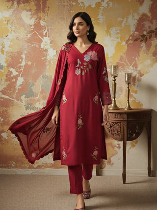 Maroon Embroidered Chanderi Kurta Set with Dupatta