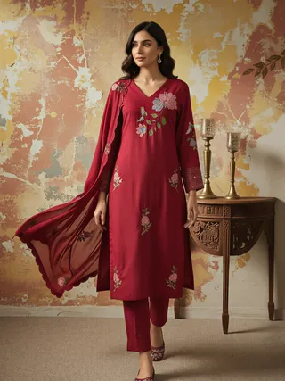 Maroon Embroidered Chanderi Kurta Set with Dupatta