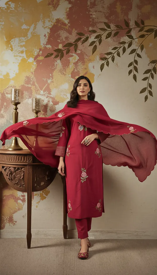 Maroon Embroidered Chanderi Kurta Set with Dupatta