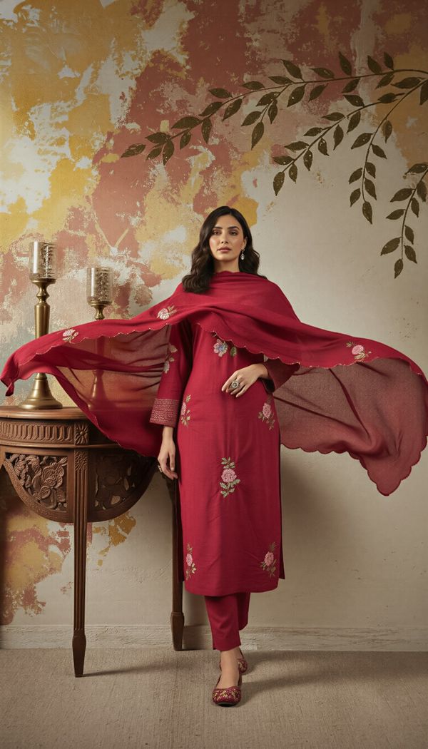 Maroon Embroidered Chanderi Kurta Set with Dupatta