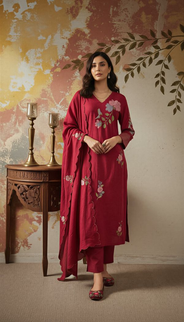 Maroon Embroidered Chanderi Kurta Set with Dupatta