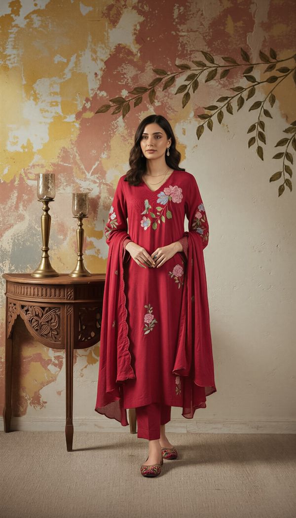 Maroon Embroidered Chanderi Kurta Set with Dupatta