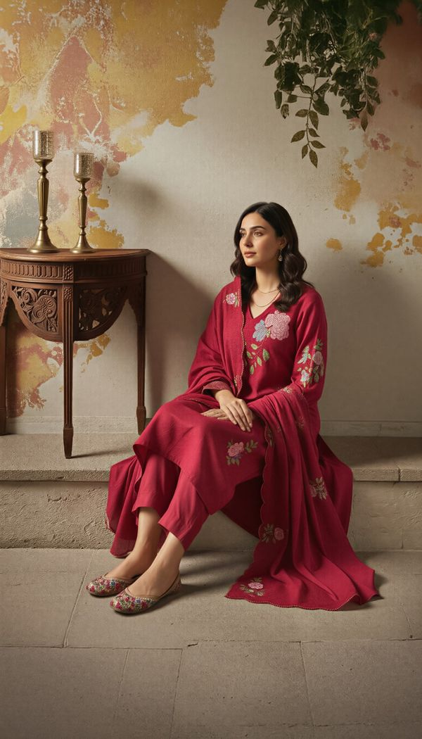 Maroon Embroidered Chanderi Kurta Set with Dupatta