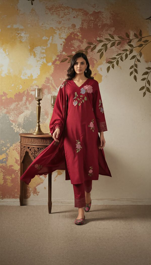 Maroon Embroidered Chanderi Kurta Set with Dupatta