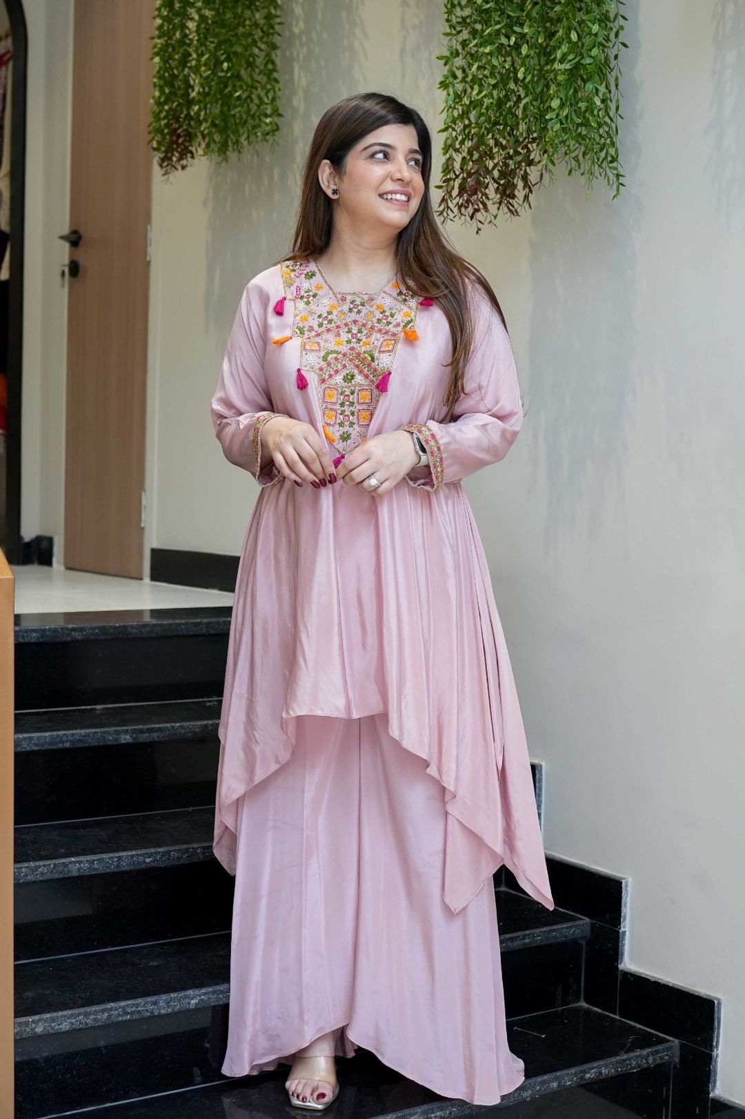 Pink Embroidered Kurta Pant Set in French Crepe