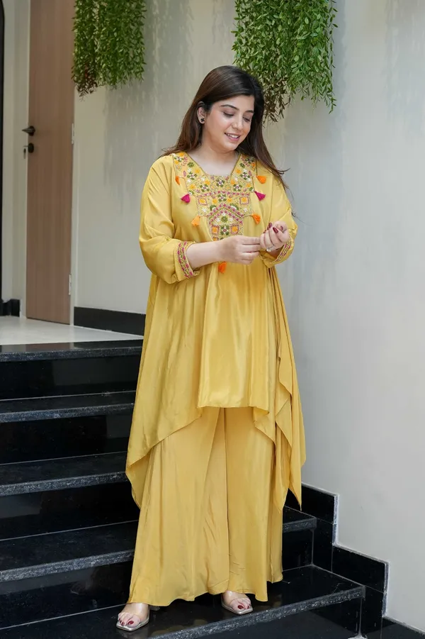 Mustard Embroidered Kurta Pant Set for Women
