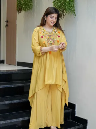 Mustard Embroidered Kurta Pant Set for Women