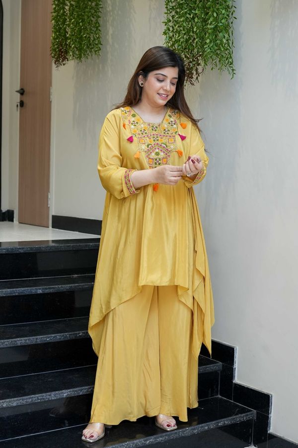 Mustard Embroidered Kurta Pant Set for Women