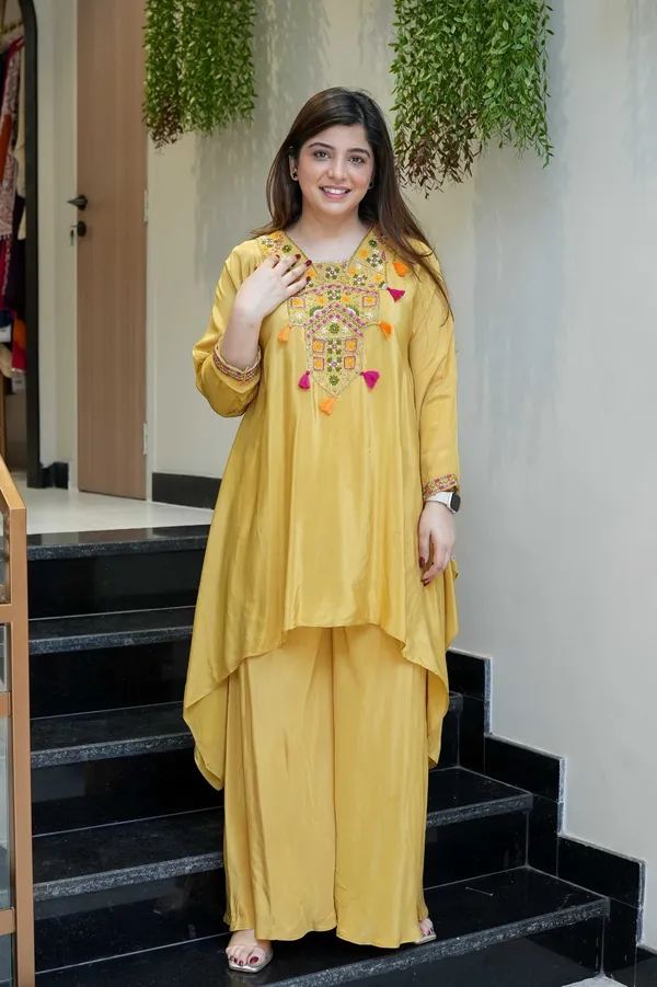 Mustard Embroidered Kurta Pant Set for Women