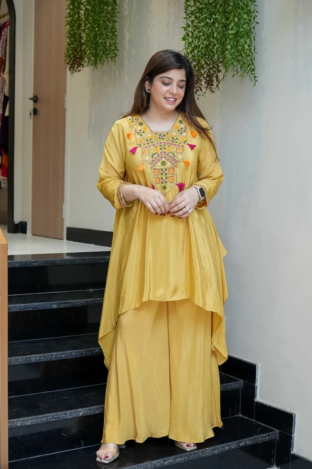 Mustard Embroidered Kurta Pant Set for Women