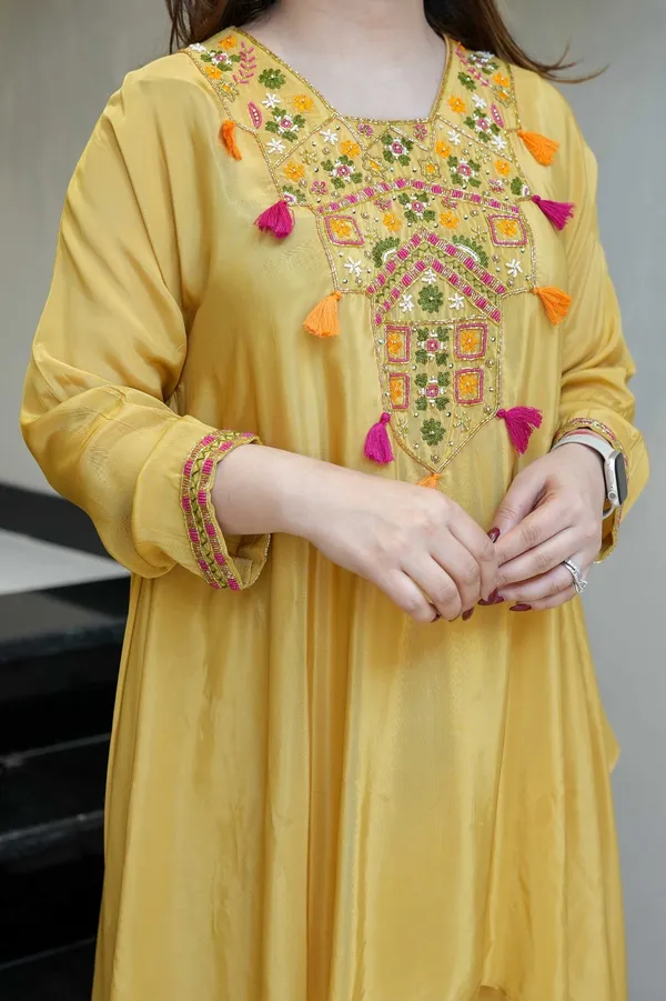 Mustard Embroidered Kurta Pant Set for Women