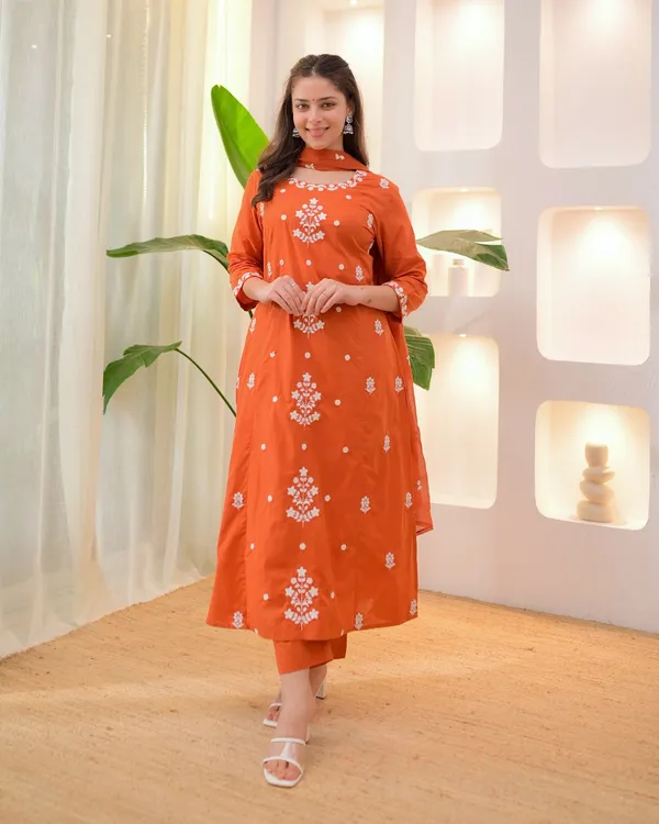 Orange Embroidered Kurta Pant Dupatta Set Online
