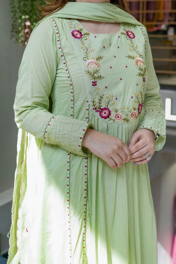 Pista Green Embroidered Chanderi Silk Kurta Set