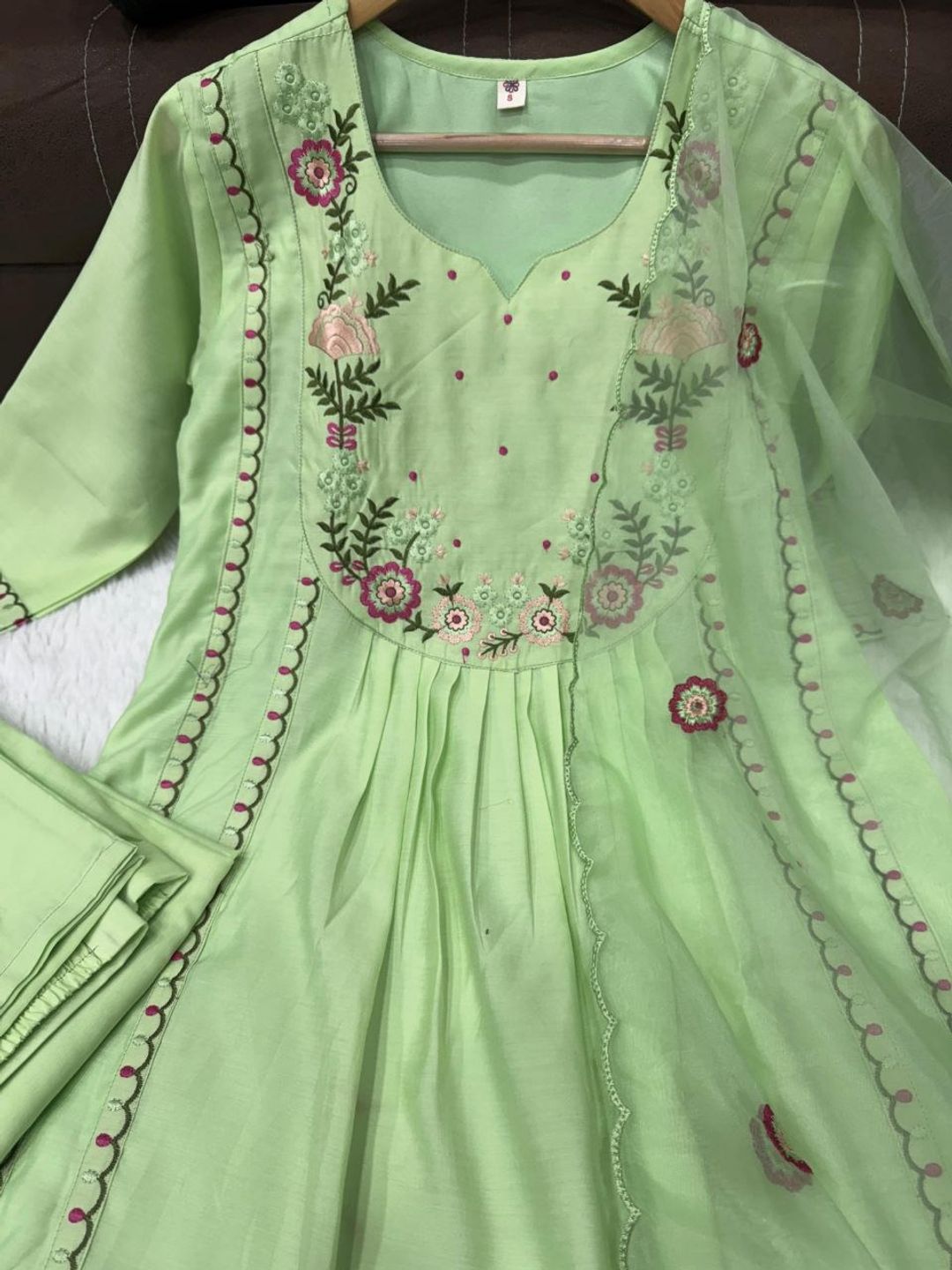 Pista Green Embroidered Chanderi Silk Kurta Set