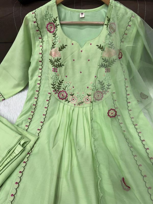 Pista Green Embroidered Chanderi Silk Kurta Set