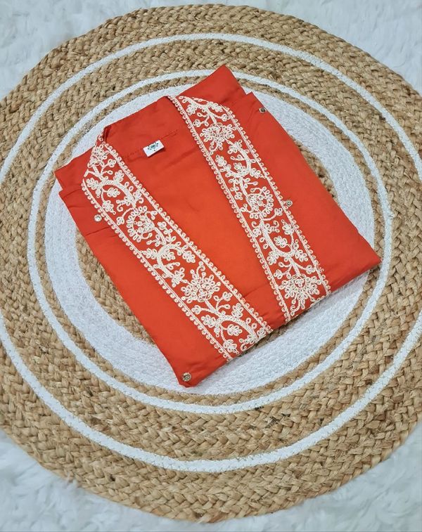 Rust Orange Embroidered Viscose Chanderi Kurta Set