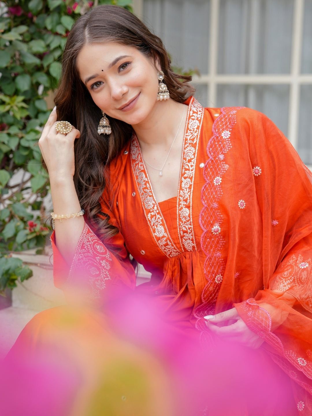 Rust Orange Embroidered Viscose Chanderi Kurta Set