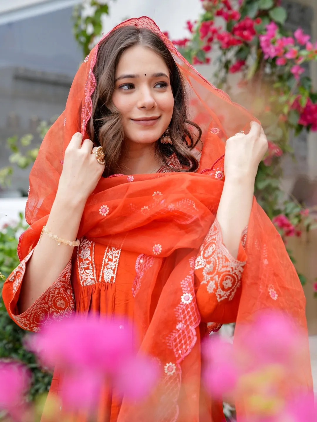 Rust Orange Embroidered Viscose Chanderi Kurta Set