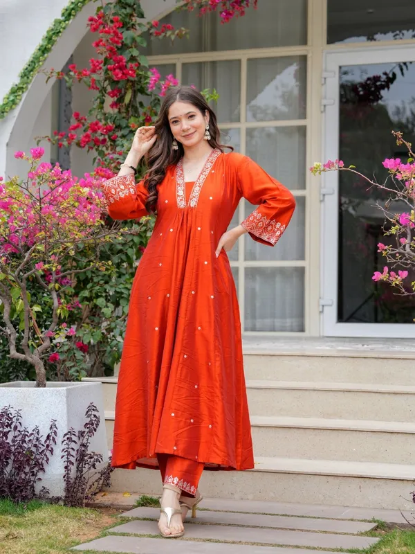 Rust Orange Embroidered Viscose Chanderi Kurta Set