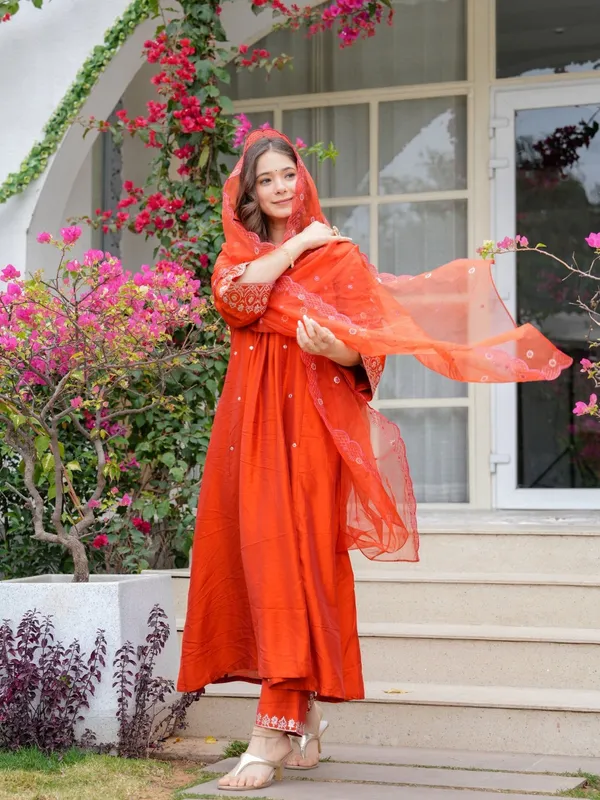 Rust Orange Embroidered Viscose Chanderi Kurta Set