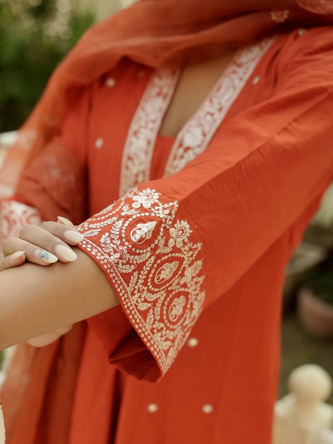 Rust Orange Embroidered Viscose Chanderi Kurta Set
