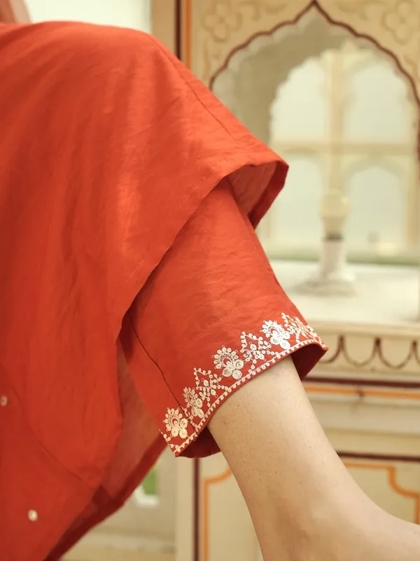 Rust Orange Embroidered Viscose Chanderi Kurta Set