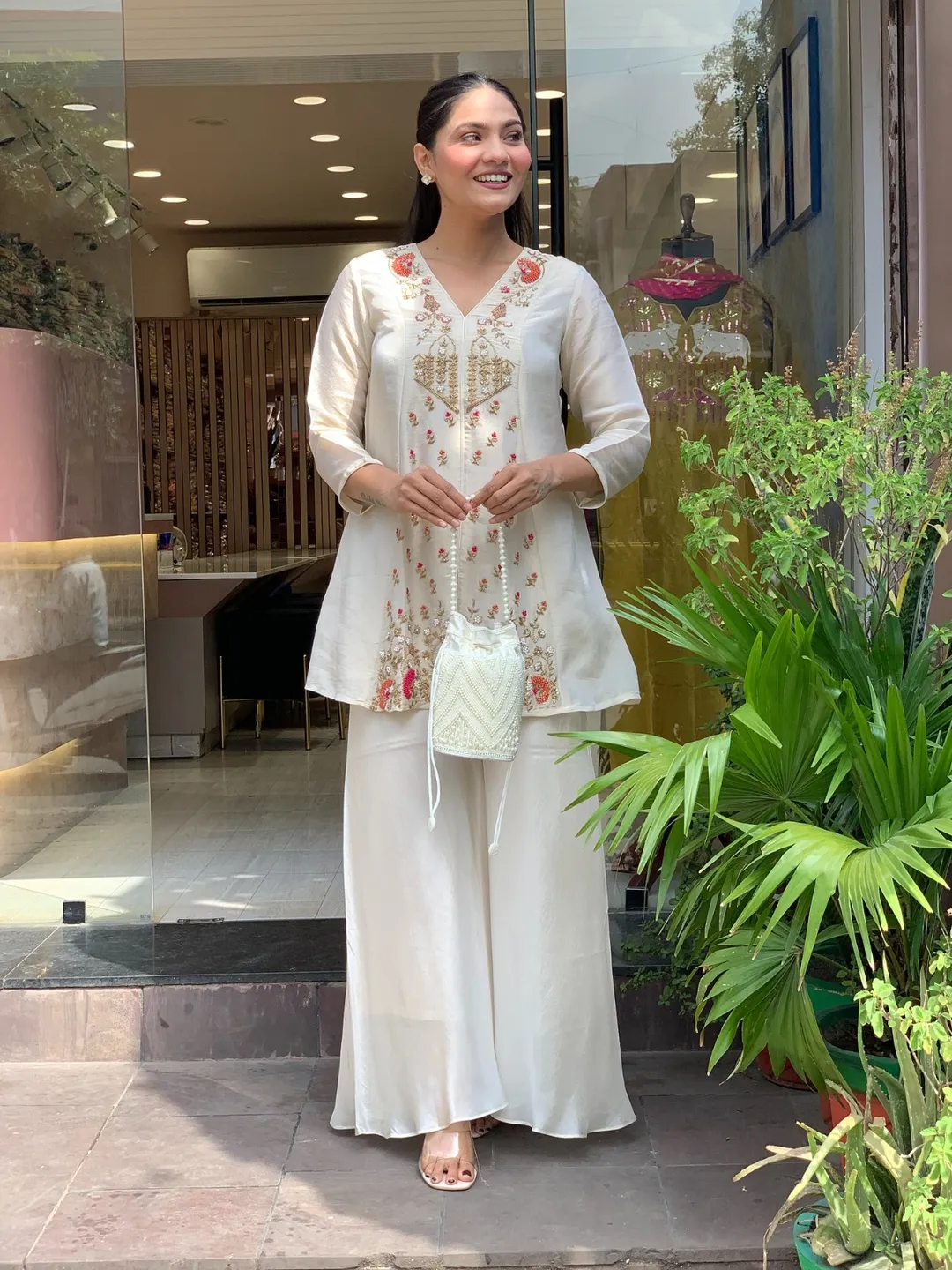 Cream Embroidered Silk Kurta Pant Ethnic Co-ord Set
