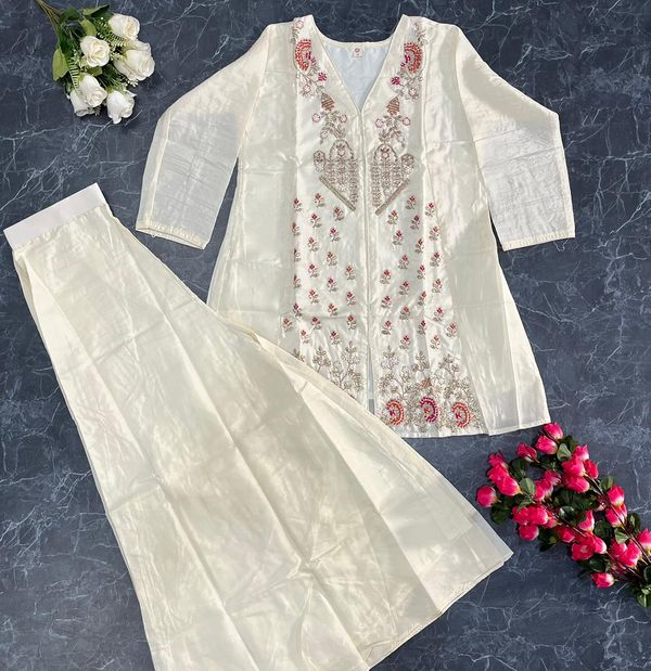Cream Embroidered Silk Kurta Pant Ethnic Co-ord Set