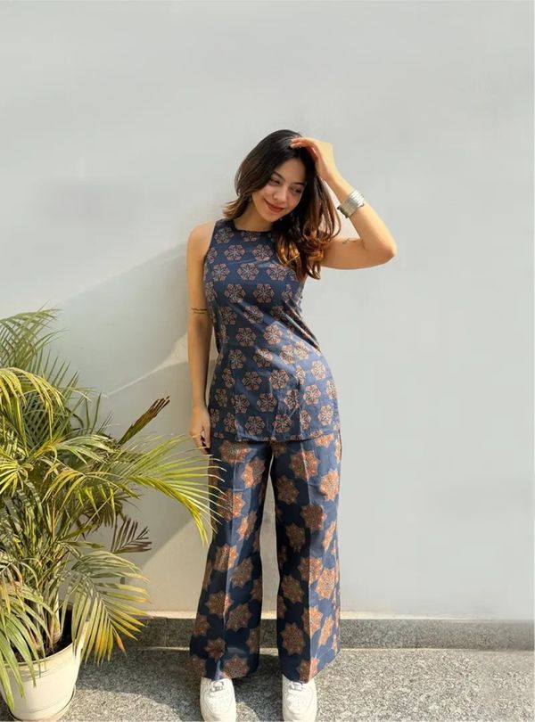Navy Blue Ajrakh Printed Rayon Top Palazzo Set Women
