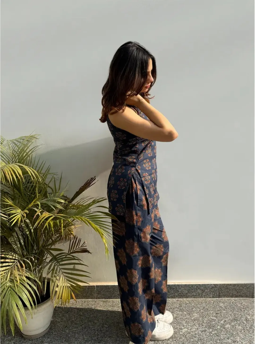 Navy Blue Ajrakh Printed Rayon Top Palazzo Set Women