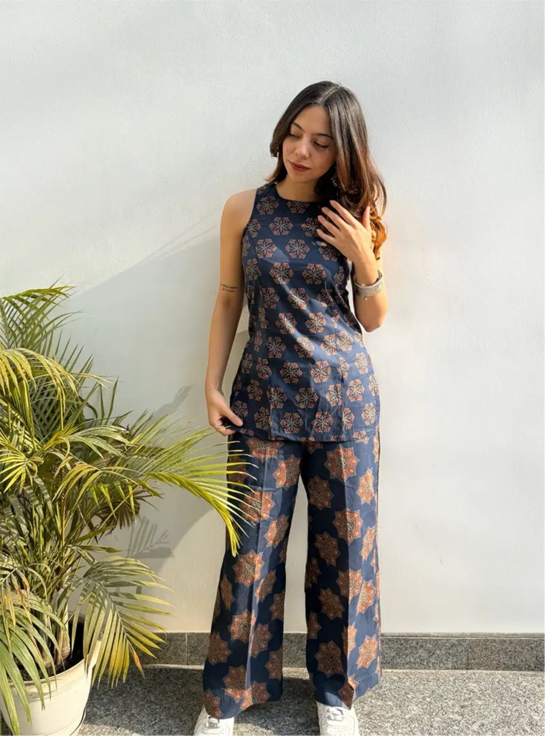 Navy Blue Ajrakh Printed Rayon Top Palazzo Set Women