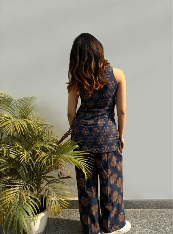 Navy Blue Ajrakh Printed Rayon Top Palazzo Set Women