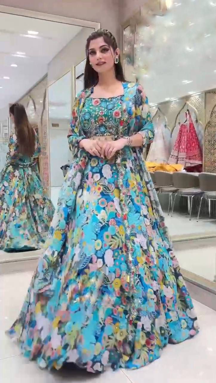 Floral blue georgette lehenga