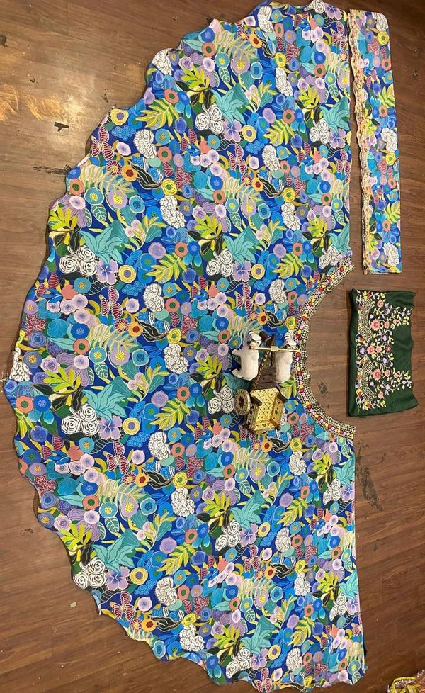 Blue Floral Georgette Lehenga Set with Heavy Flare