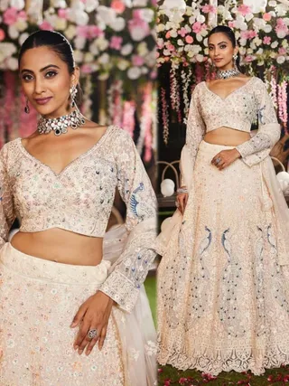 Cream Peacock Embroidered Net Lehenga Set for Women
