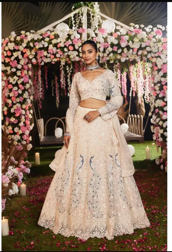 Cream Peacock Embroidered Net Lehenga Set for Women