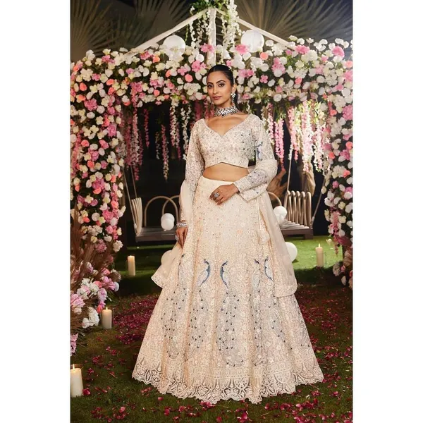 Cream Peacock Embroidered Net Lehenga Set for Women