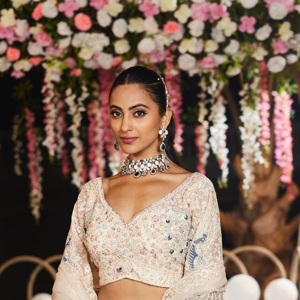 Cream Peacock Embroidered Net Lehenga Set for Women