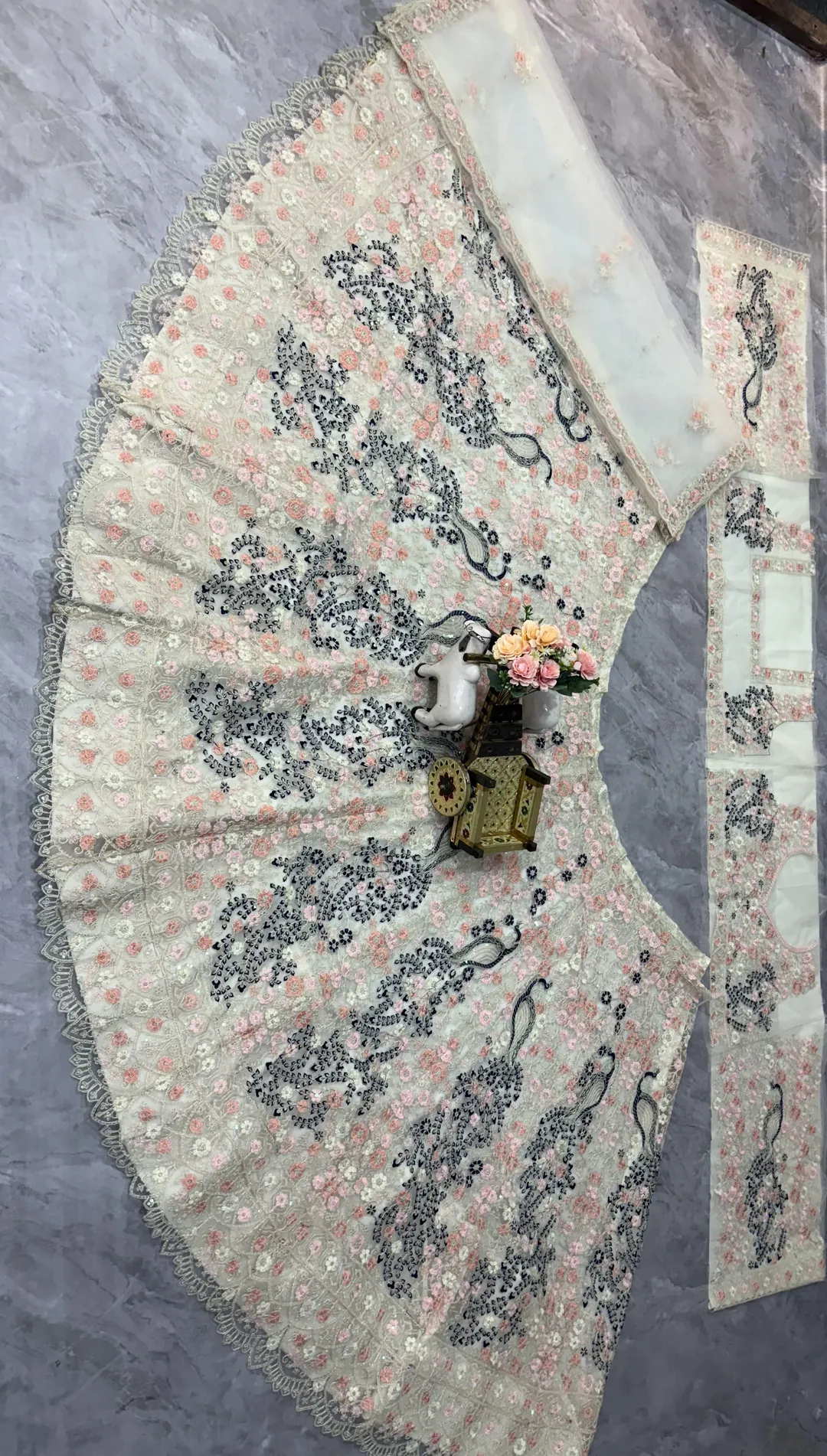 Cream Peacock Embroidered Net Lehenga Set for Women