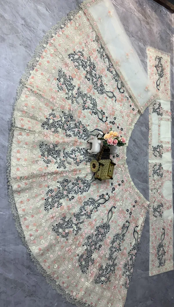 Cream Peacock Embroidered Net Lehenga Set for Women