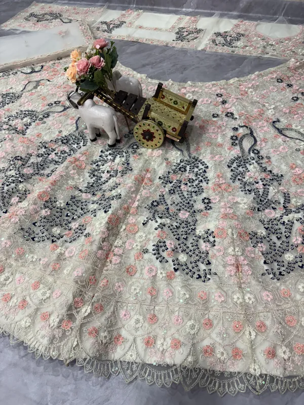 Cream Peacock Embroidered Net Lehenga Set for Women