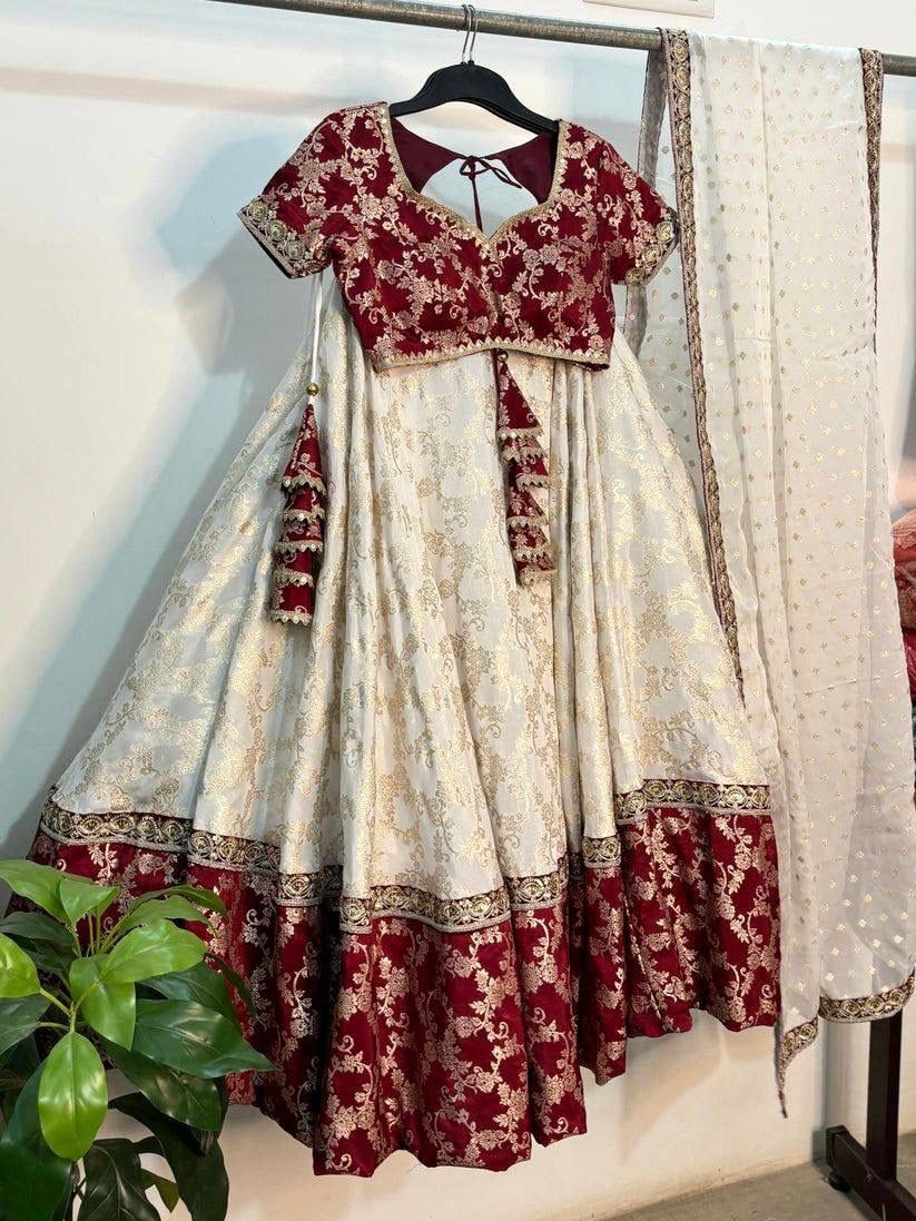 Cream jacquard lehenga for wedding