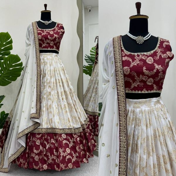 Cream & Maroon Jacquard Lehenga Choli with Dupatta Set