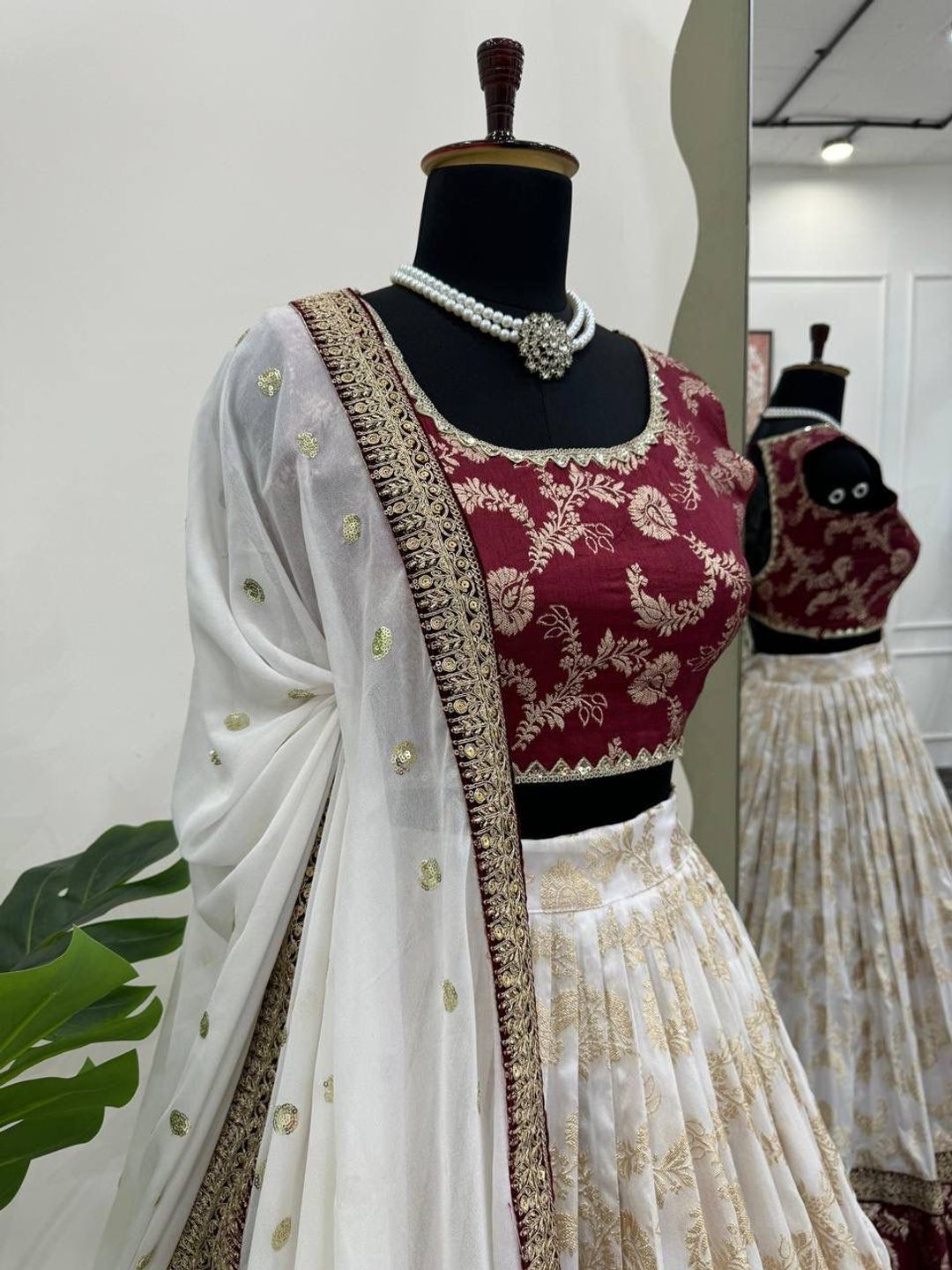 Cream & Maroon Jacquard Lehenga Choli with Dupatta Set