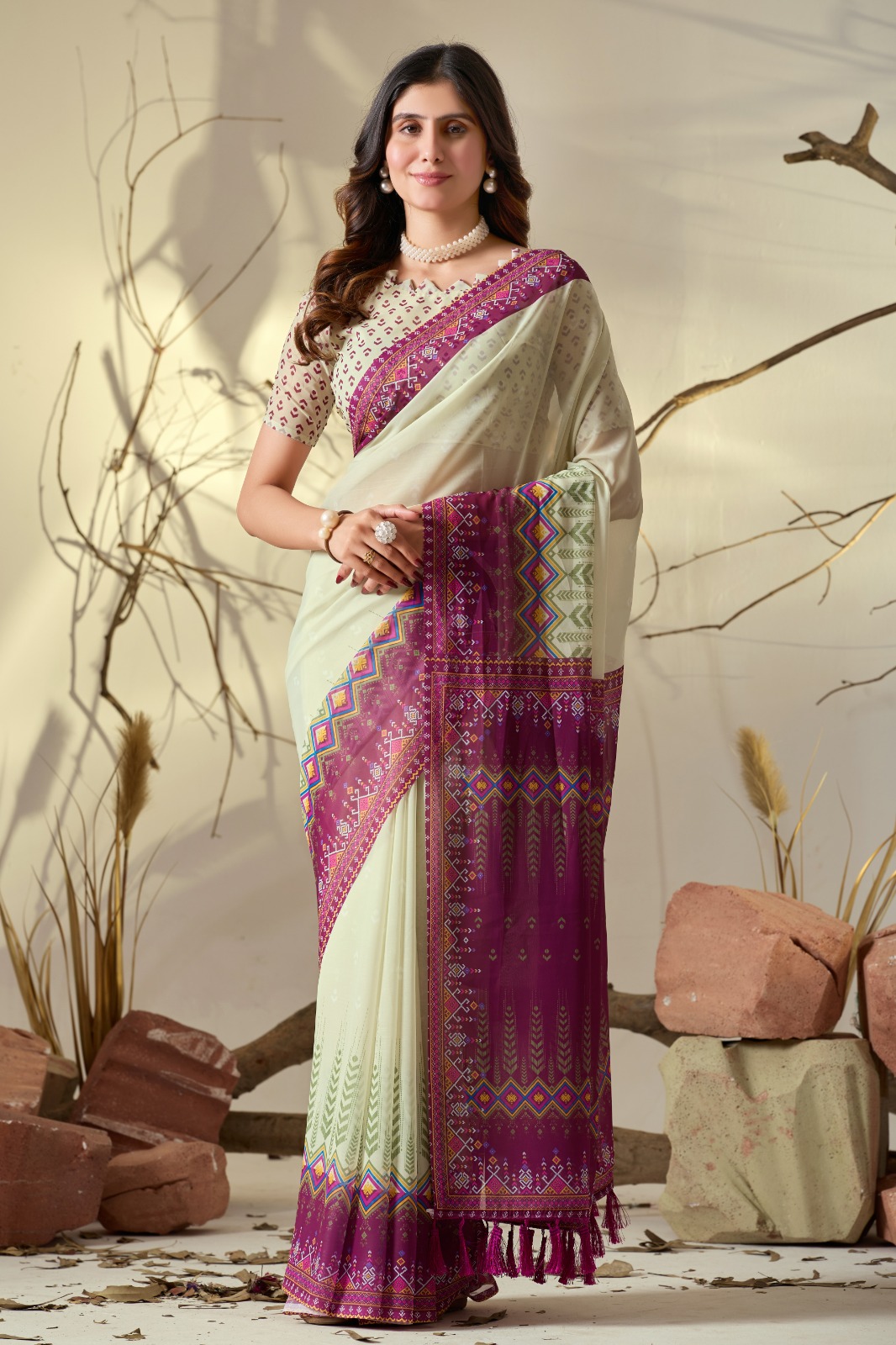 Cream saree