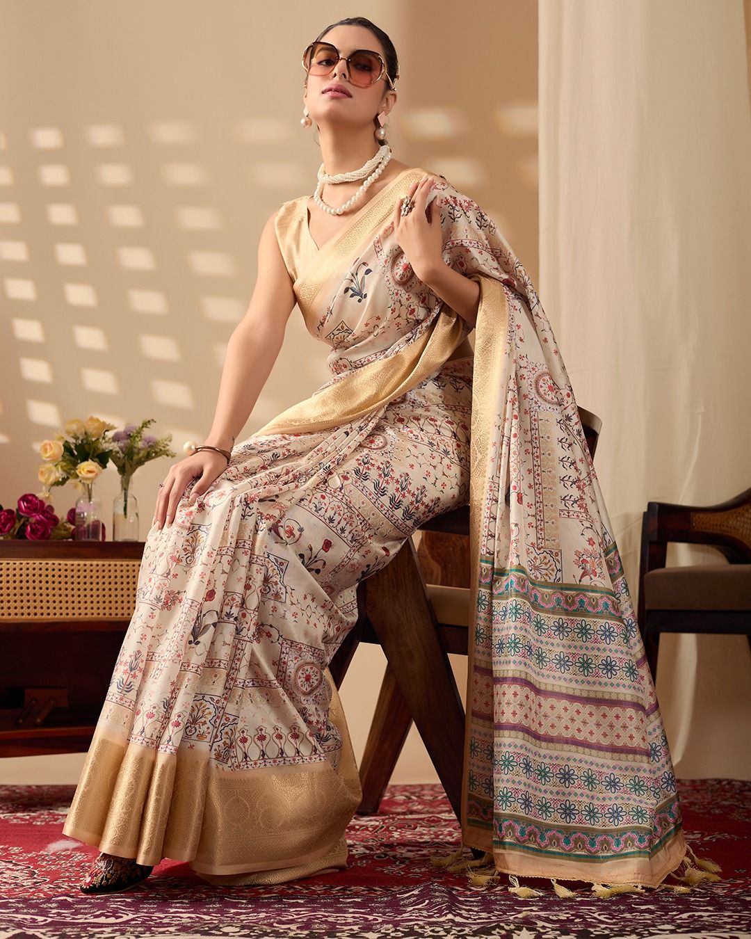 Beige Lichi Silk Saree with Gold Zari Border Design