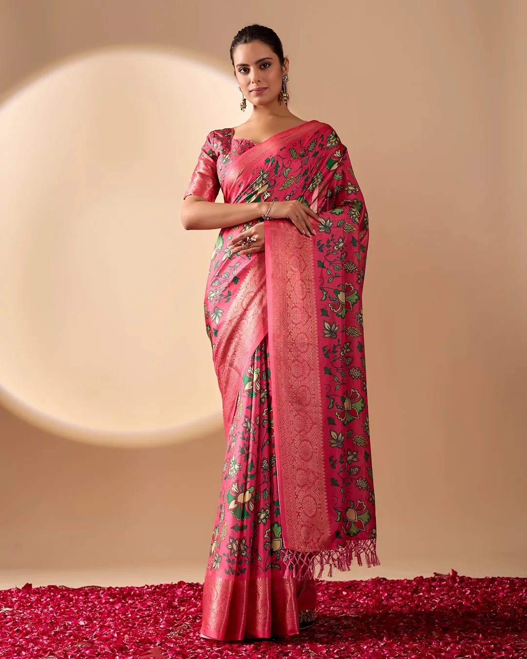 Pink Lichi Silk Saree with Floral Print Zari Border
